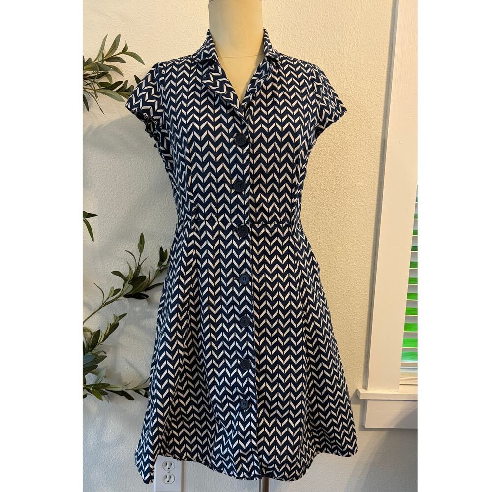 Mlle Gabrielle Blue White Chevron Shirt Dress Button Front Cotton Size Large